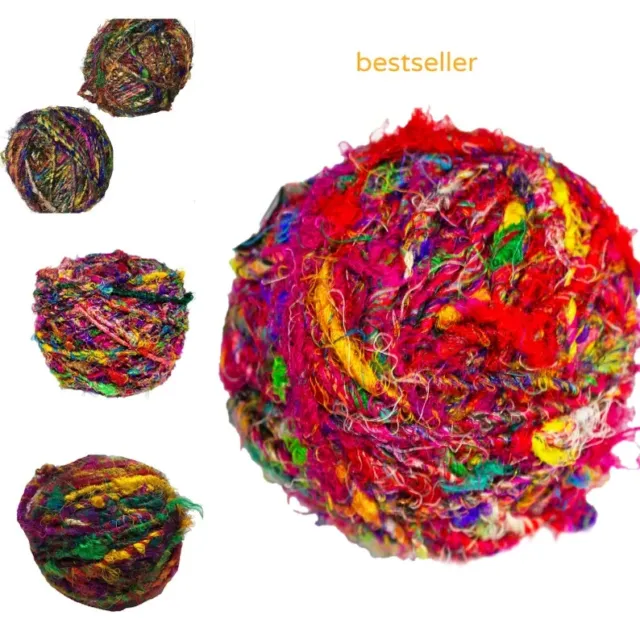 Recycled Sari Silk Bulky Yarn Multicolor (100 Grams) soft silk yarn, Eco Friendl