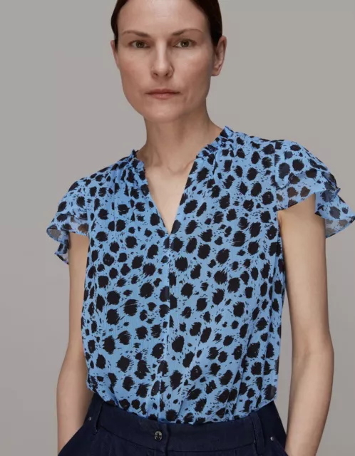 Whistles Blue Leopard Print Blouse Shirt Sleeveless Ruffles Size US 14 NWT