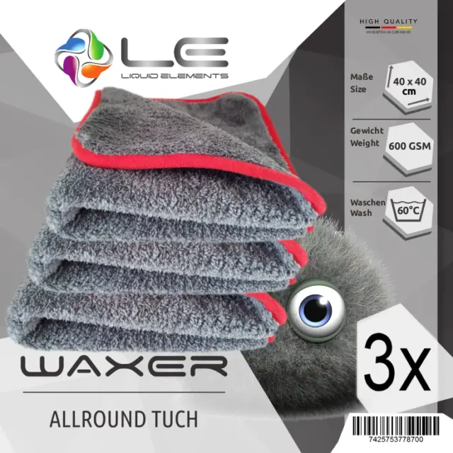 3xLiquid Elements - Waxer Mikrofaser Allroundtuch / Auto / Lack / 600GSM/40x40cm