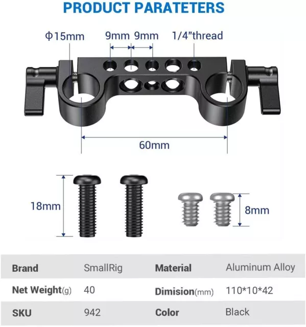 SmallRig Camera 15mm Dual Rod Clamp for 15mm Rail Support System - 942 3