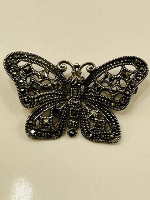 Vintage 925 Sterling Silver Marcasite Butterfly Brooch Pin Broach 9 grams 2