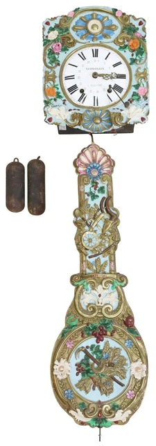 Antique Wall Clock, French Morbier/ Comtoise,  Polychrome Painted  Metal, 1800's