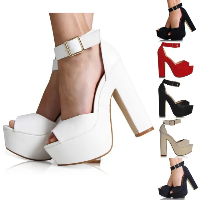 New Womens Ladies Ankle Strap Platform High Heel Peep-Toe Shoes Size 3-8