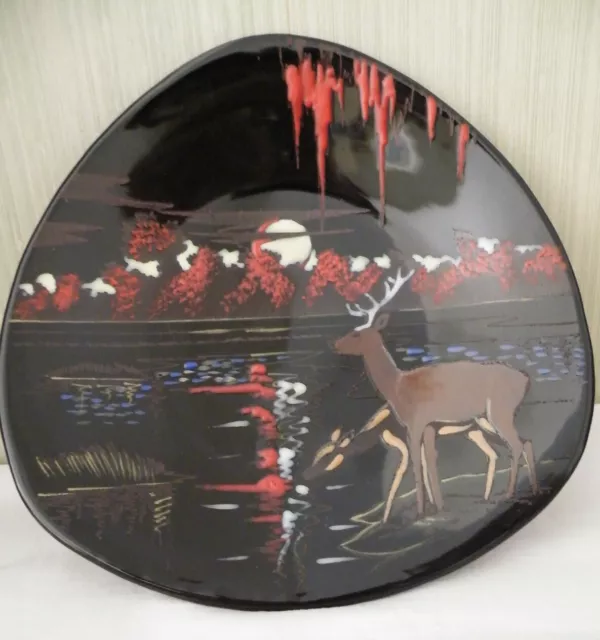 Assiette LONGWY noir  céramique décorée à la  main art décor animalier