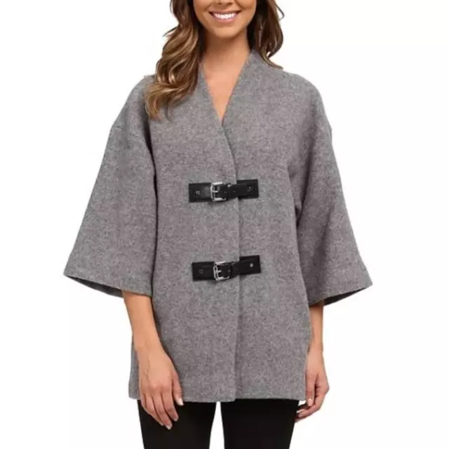 NEW MICHAEL KORS Pure Wool Buckle Front Sweater Coat in Heather Gray WOMENS XS 2