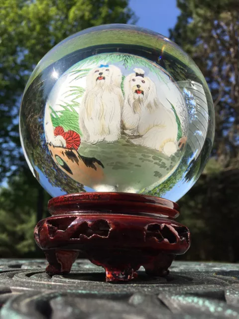 CHINA LARGE GLASS CRYSTAL BALL REVERSE HAND PAINTED ROTATING VTG CHINESE w STAND 2