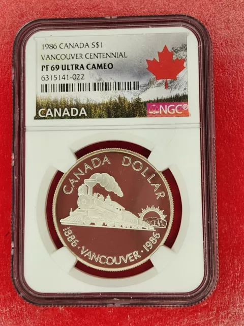 1986 Canada $1 NGC PF 69 Ultra Cameo Vancouver Centennial Canadian Train Silver