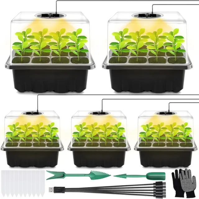 Kit 5 Vassoi Per Semi Con Luce Di Crescita LED – Serra Da Interno Con Cupola E Base – Stazione Di Propagazione Per Piantine – Giardinaggio Fai Da Te