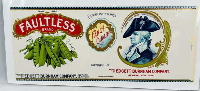 Vintage Faultless Brand Peas Edgett Burnham Co New York 1940s Can Label Embossed