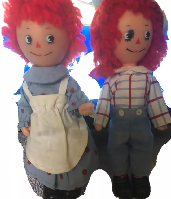 PAIR OF RARE VINTAGE Raggedy Andy and Raggedy Ann Posable Plastic Dolls, marked