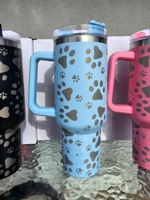 40 Oz Stanley Type Cat/Dog Paw Print Insulated Stainless Tumbler Blue