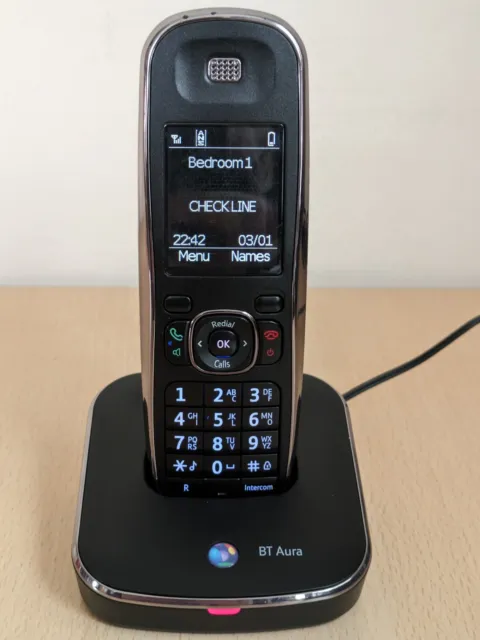 BT Aura 1500 Single Phone + Charging Dock Cordless Black Power Cable Good Condit