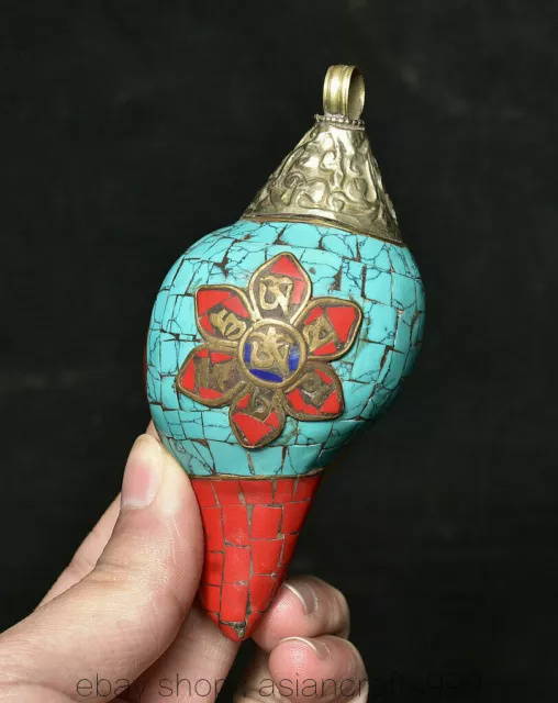 4" Alt Tibetischer Buddhismus Silber Türkis Conch Shell Trompete Horn "Gua jian"