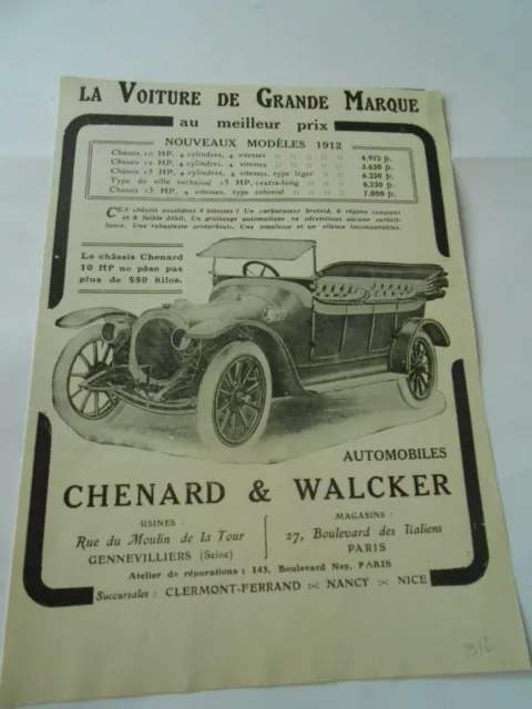 Publicité Advert 1912  Chenard & Walcker la voiture de Grande Marque
