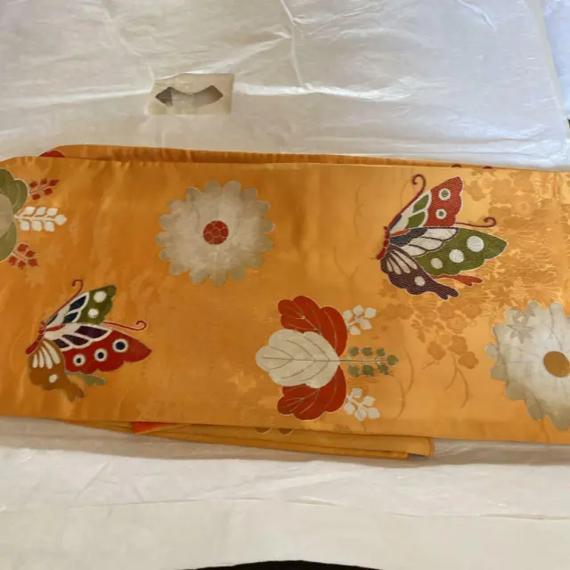 Kimono & Obi set Orange butterfly long sleeves Japanese furisode belt #5