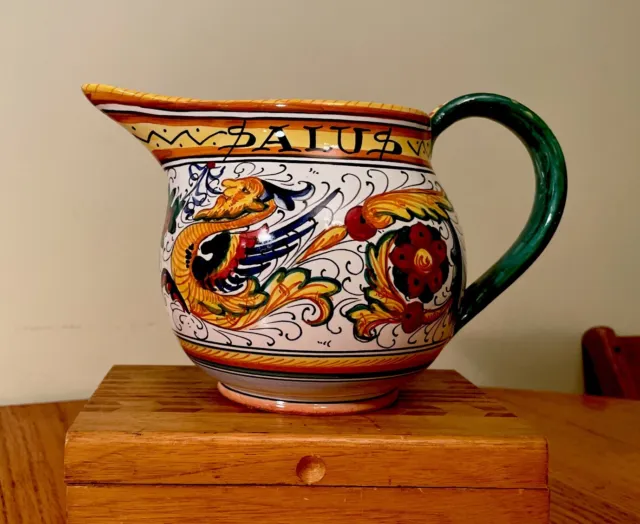 Vintage Deruta Italy Art Pottery Majolica Bright Colorful Pitcher Wine Jug 6.25"