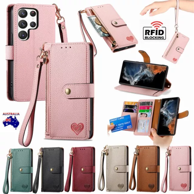 For Samsung S24 Ultra S23 FE S22 S21 S20 Plus RFID Zipper Wallet Case Flip Cover