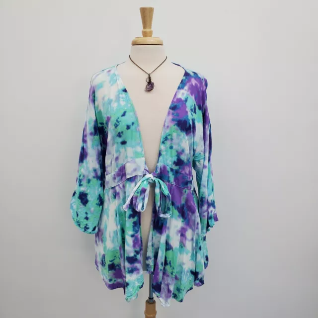 Blusa envolvente kimono Suzanne Betro púrpura verde tie-dye frontal primavera verano primavera 1X