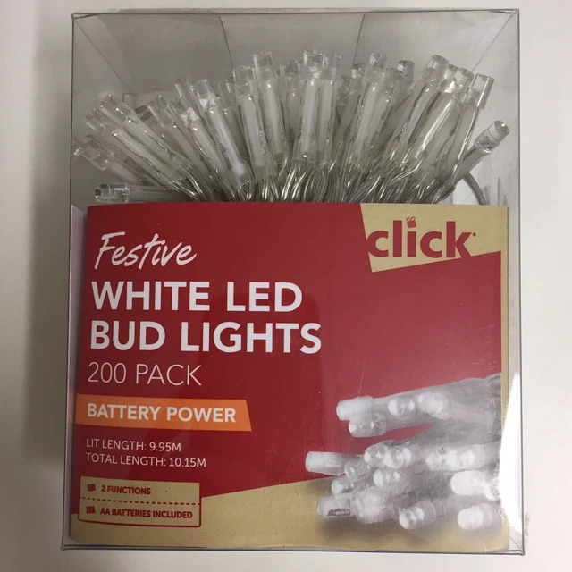 LED Festive White Bud Lights - 200 Pack - White LED - Battery Power - 2 Function