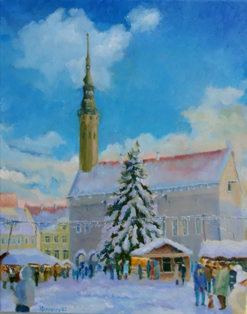 Winter Tallinn Christmas Market Original Oil Painting canvas 16x20 Painted JSArt