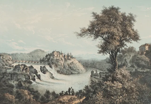 H. FÄSI (19.Jhd), Rheinfall bei Schaffhausen,  1858, Farblithographie Romantik
