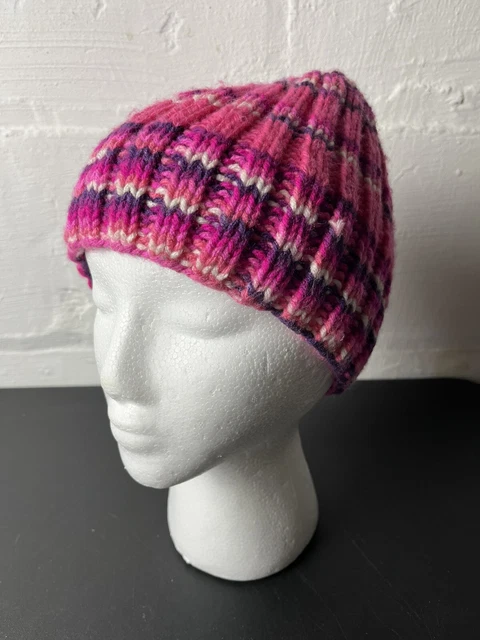 Hand Knit Winter Hat, Beanie by Granny Heavy Duty Yarn Purple & Pink Made in USA