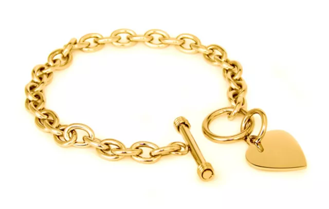 Stainless Steel Gold Plated Heart Charm Tag Bracelet 7.5" | FREE ENGRAVING