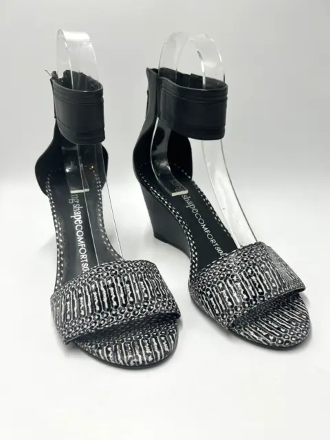 Taking Shape Sz 41 Black & Animal Print Leather Ankle Strap Zip Peep Toe Wedges