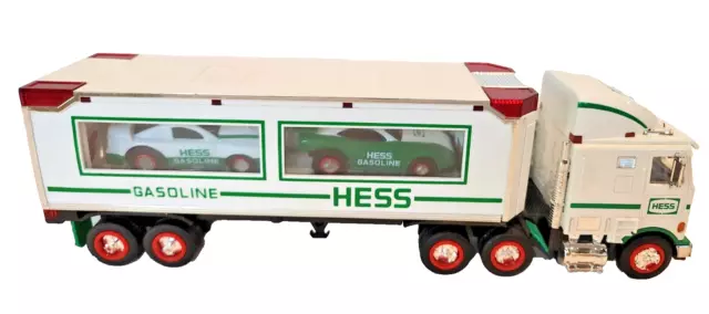 Vintage 1997 Hess Dual Car Transport Truck w/2 Stock Racing Cars