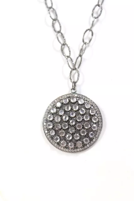925 Sterling Silver Polki Glass Pave Crystals Round Pendant Necklace