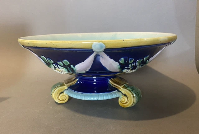 Vintage Cobalt Majolica Floral Decorated Footed Compote Serving Dish