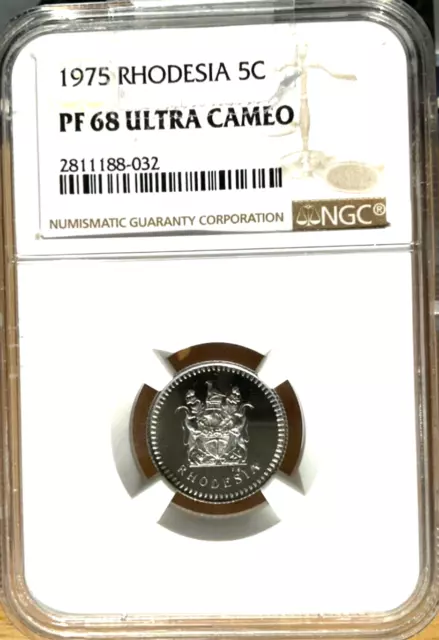 1975 Rhodesia 5 Cents, NGC PR 68 Ultra Cameo, Scarce, Southern, Zimbabwe