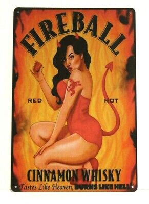 Fireball Whiskey Pinup Girl Tin Metal Poster Sign Whisky Bar Art Man Cave