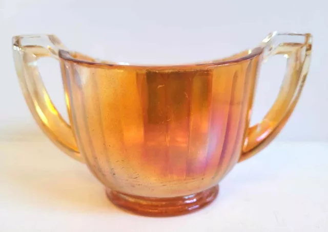 Vintage Carnival Glass Sugar Bowl Twin Handle - Marigold Smooth Rays.