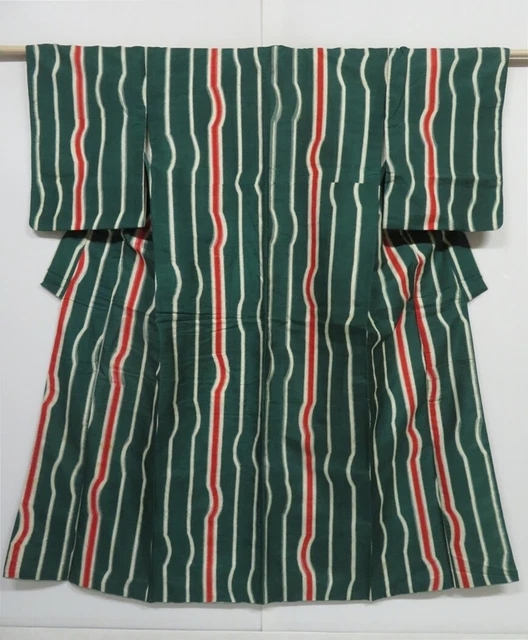 0218N05z640 Vintage Japanese Kimono Silk MEISEN KOMON Dark green
