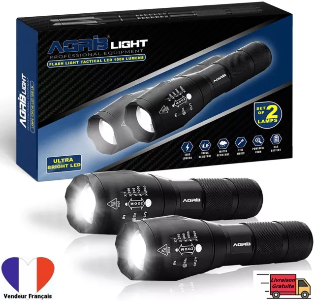 Lot de 2 Lampe torche LED Ultra Puissante 1000Lumens 5 Modes Antichoc et étanche