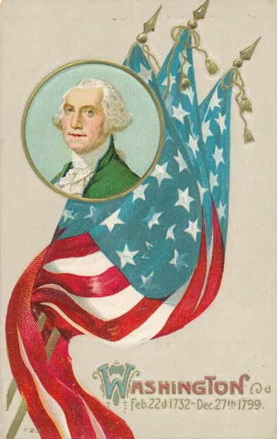 WASHINGTON'S BIRTHDAY - Three Flags and Washington Portrait Patriotic Postcard