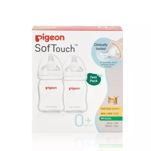 Pigeon Softouch Peristaltic Plus Wide Neck Bottle Twin Pack BPA Free 160ml