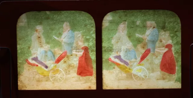 In the Garden Family Stroller Colorized Photography Diorama Stereo Vintage