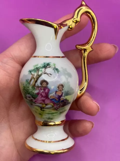 Vtg Limoges France Porcelain Miniature Vase Victorian Courting Couple Gold Trim