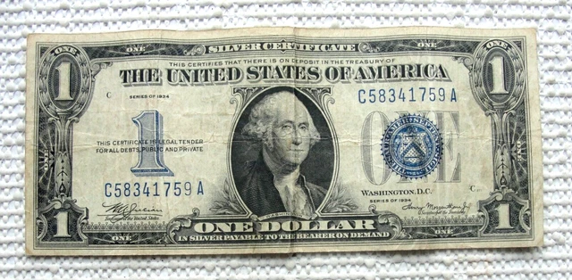 1934 US $1 Dollar Silver Certificate Has Folds "Funny Back"