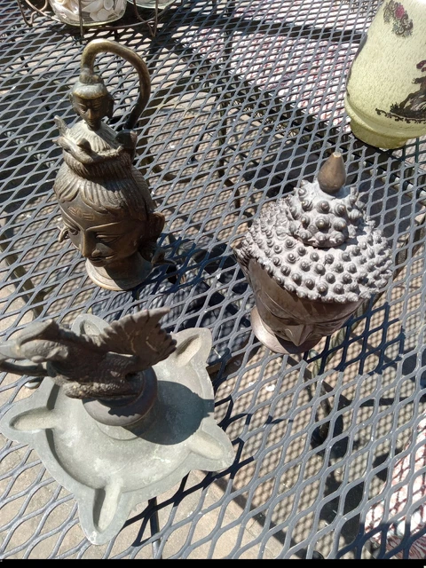 Three (3), Different Antique Asian Bronze Buddha, Bust and Stylized Bird Lamp