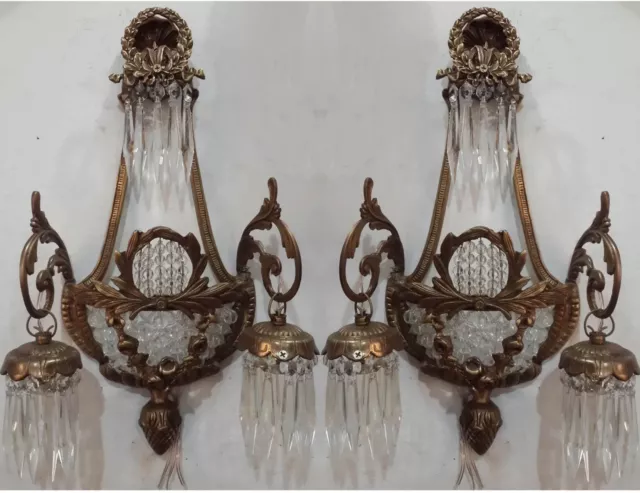 Rustic Pair Antique Replica Crystal Chains French Empire Ornate Wall Sconces