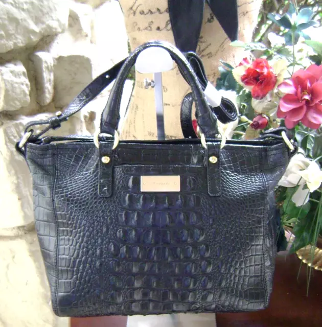 Brahmin Black Mini Arno Melbourne Croc Embossed Leather Shoulder Bag/Handbag