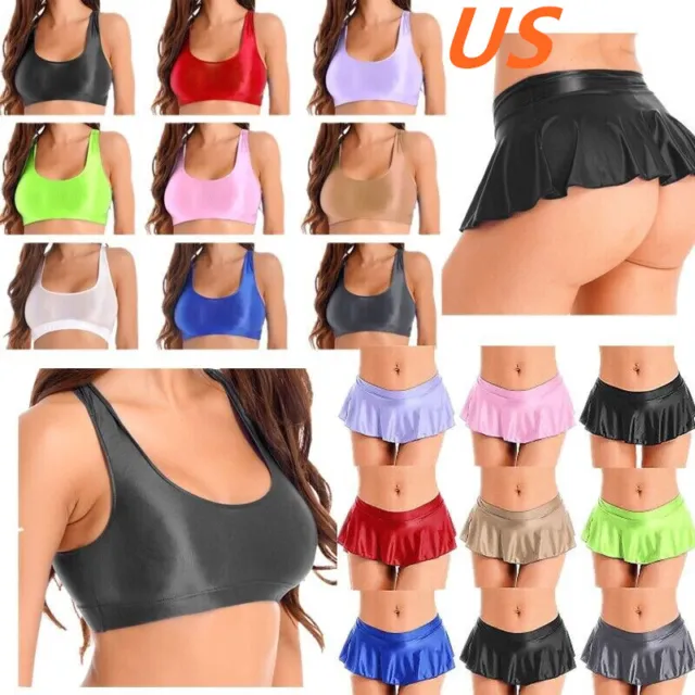 US Sexy Womens Swimsuit Crop Top with Miniskirt Glossy Swimwear Beach Clubwear 3