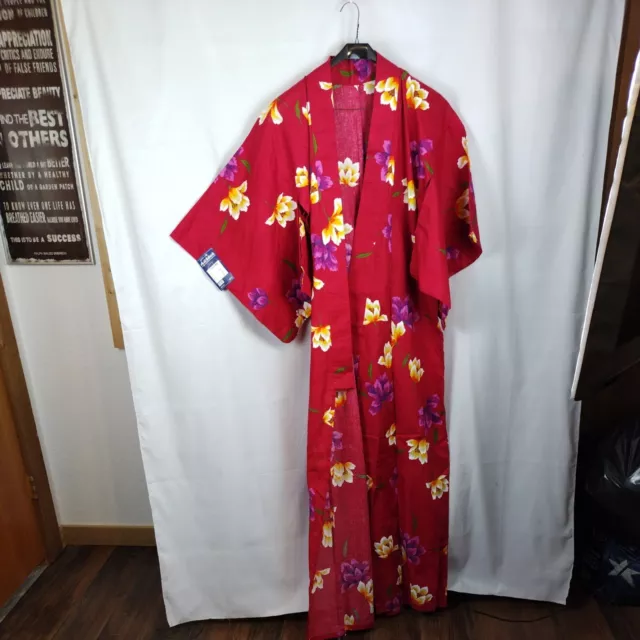 Kimono Authentic Cotton Woman Floral No Belt Costume red purple flowers Japan M