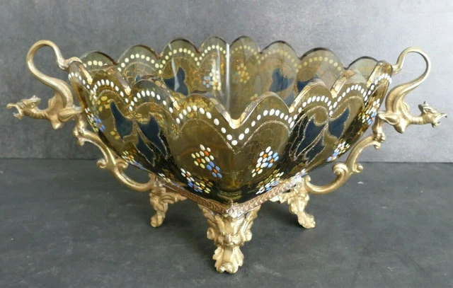 Petite coupe verre / vase émaillé doré, monture bronze Era Auguste Jean, Legras