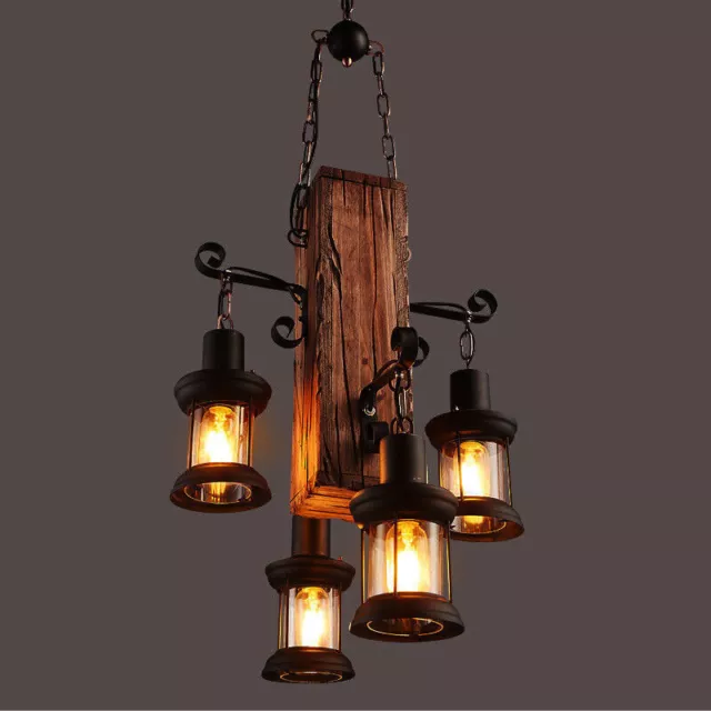 4 Heads Wood Chandelier Iron Ceiling Lamp Industrial Rustic Pendant Retro Light