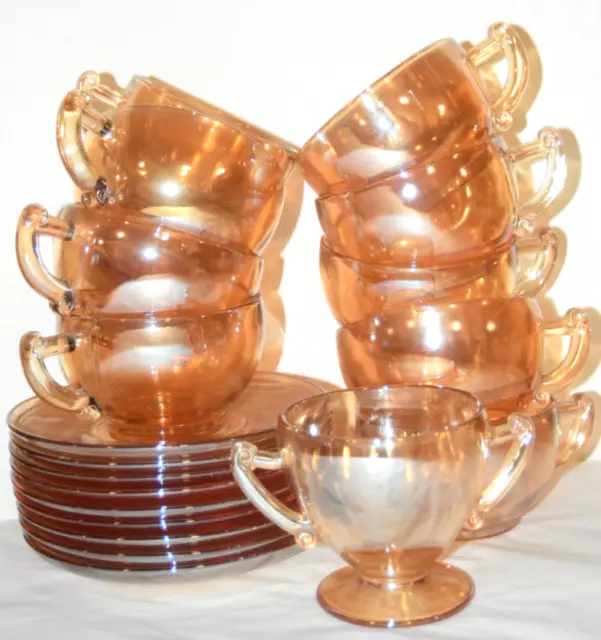 Vintage Jeanette Iridescent Glass Marigold  Tea Cups/Saucers, Sugar Set of 19