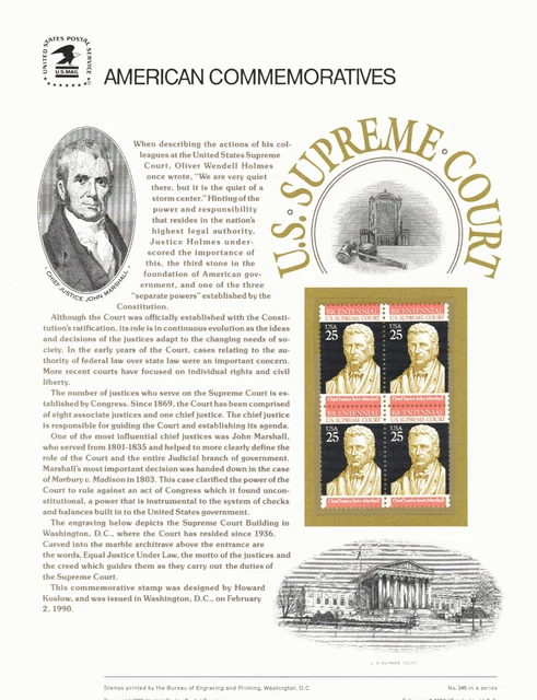 #346 25c Supreme Court #2415 1990 USPS COMMEMORATIVE STAMP PANEL